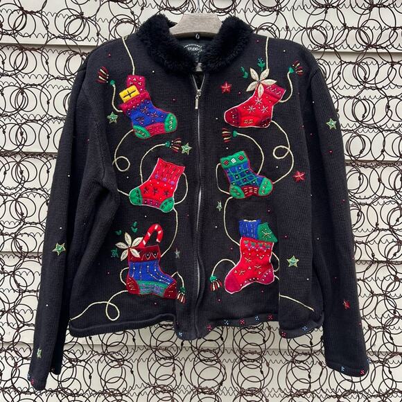 Vintage 90s Ugly Christmas Stockings Embroidered Cardigan Sweater Fur Collar XL - Picture 1 of 5